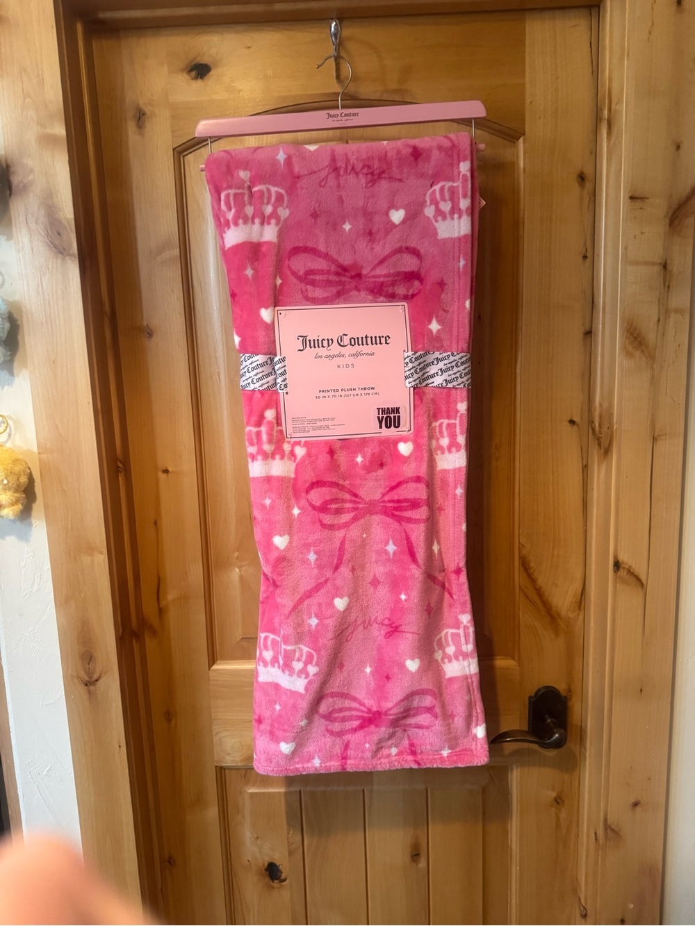Juicy Couture Pink and White Crown & Bow Plush Throw